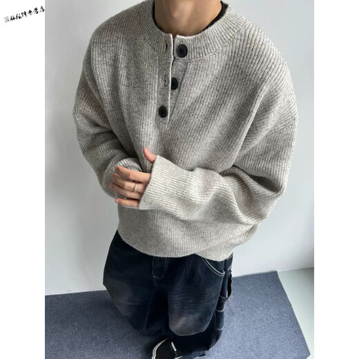 Yuexiang American retro Henry collar sweater men's winter velvet warm casual inner sweater trendy loose top Gray M