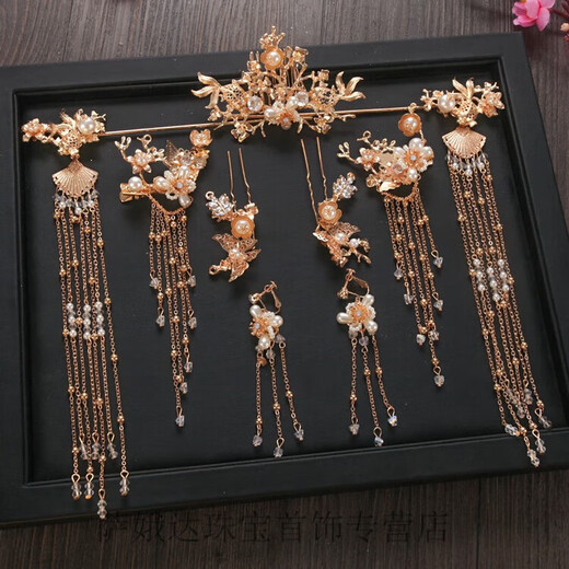 Hengjiu Ye Lao Phoenix Gold Store Style Chinese Xiuhe Clothing Headwear Bride Wedding Attractive Phoenix Crown Hanfu Full Set Wedding Hair Accessories Picture Set (Ear Clip Style)