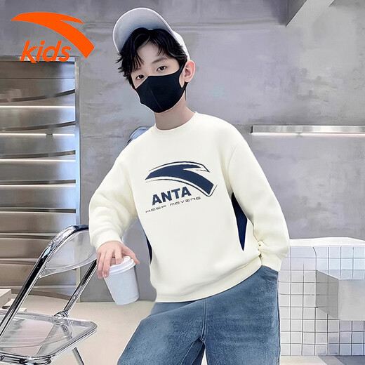 ANTA fleece children's sweatshirt men's 2025 autumn and winter new warm round neck pullover middle and large children's sportswear casual tops ivory white-winter fleece 165 cm