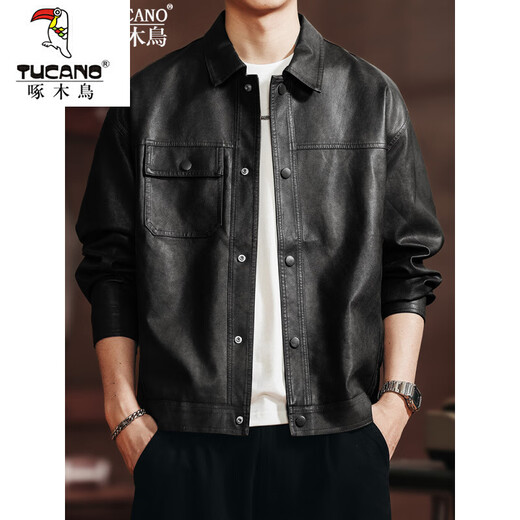 Woodpecker 2026 new leather jacket men's autumn American outdoor motorcycle fashion trend retro handsome jacket JK2513 coffee color M 100-125Jin Jin equals 0.5 kg