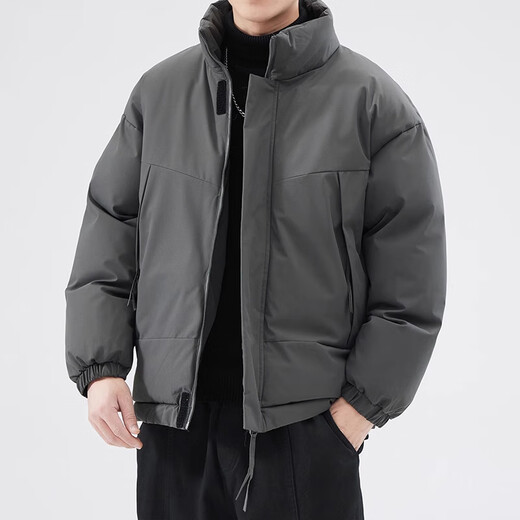 Cotton jacket men's winter solid color stand collar cotton jacket men's casual trendy jacket warm cotton jacket jacket men black M