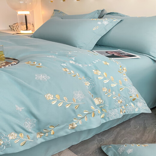 Mercury series 160-count cotton brushed thickened four-piece set pure cotton sheets, fitted sheets, embroidered quilt covers, skin-friendly bedding 4, bean paste powder, 1.8 meter bed sheet, four-piece set, quilt cover 200 230