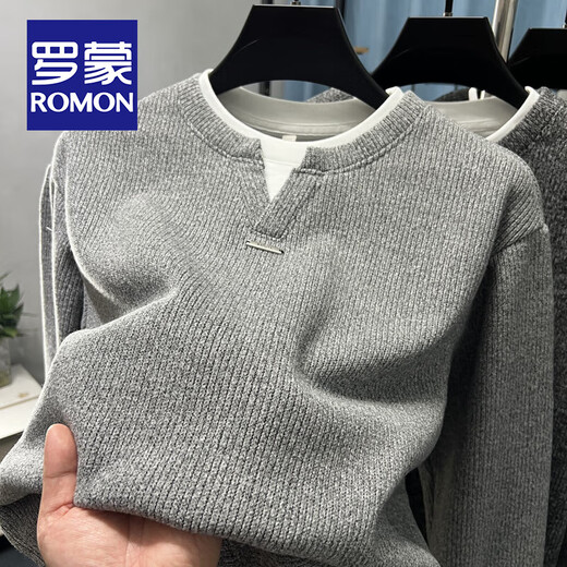 ROMON fake two-piece warm velvet thick sweatshirt men's Henry collar autumn and winter sweater casual t-shirt men's long-sleeved top dark gray XL