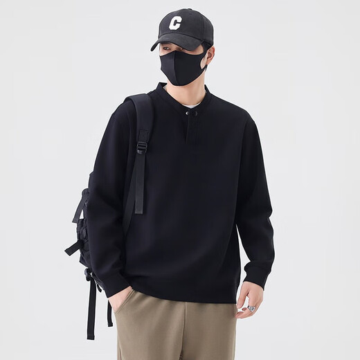 Jiebinlu high-end solid color sweatshirt for men spring and autumn 2025 new trendy loose Henry collar top men's casual bottoming shirt dark gray M recommended 100-120Jin Jin equals 0.5 kg