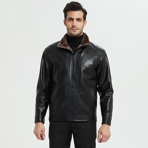 Counter genuine fur integrated velvet thickened leather jacket fashionable classic autumn and winter dad jacket black velvet thickened XL 56 recommended 140-160Jin Jin equals 0.5 kg