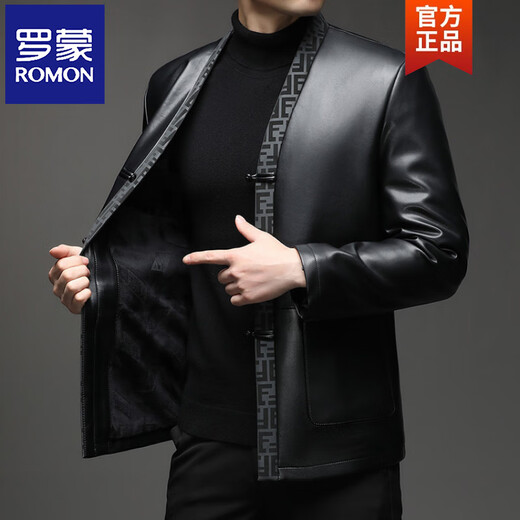 ROMON Haining Autumn and Winter Leather Men's Tang Suit Leather Jacket Velvet Thickened Chinese Style Imitation Sheepskin Jacket Black M 170