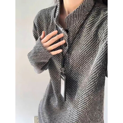 7 excellent products Henry collar sweatshirt men's autumn and winter striped heavy base polo shirt loose casual jacket top men CQS-3266 Gray M