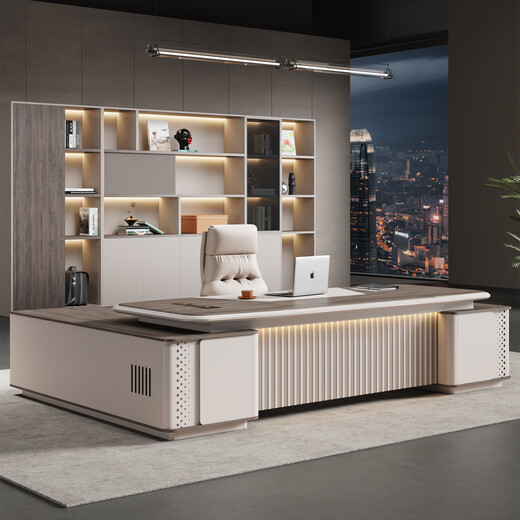 Guiqiu boss desk office desk and chair combination simple modern executive desk single desk manager desk office furniture 1.8m painted boss table (single side cabinet with light strip + boss chair + 2.0m bookcase)