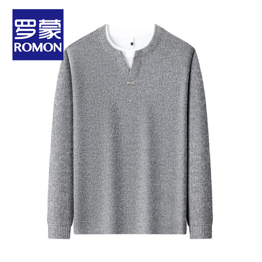 ROMON fake two-piece warm velvet thick sweatshirt men's Henry collar autumn and winter sweater casual t-shirt men's long-sleeved top dark gray XL