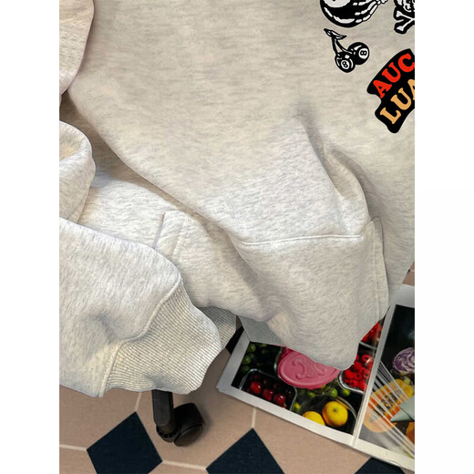 灿图美式潮牌印花重磅连帽衫卫衣男秋冬季加绒潮流情侣外套休闲上衣服 白灰色【常规款】 L