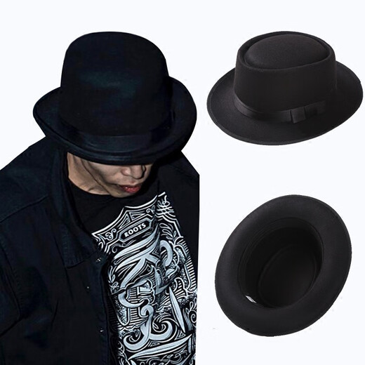 Woodpecker retro British Korean version autumn and winter bowler hat woolen flat top men's and women's British jazz hat casual hat black M (56-58cm)