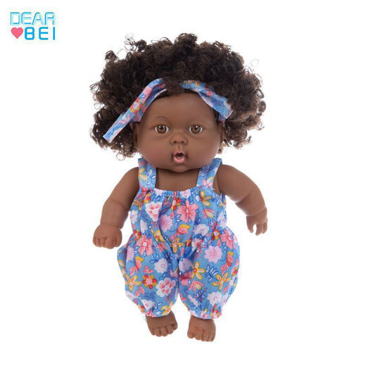 Shantou Lincun African black doll cute doll comfort baby sleeping doll vinyl reborn fake doll children's toy girl Q8-004C blue and green picture overalls 20m