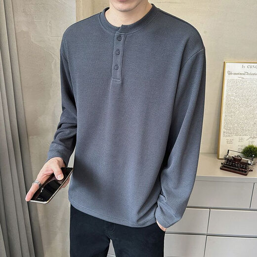 Henry collar long-sleeved T-shirt for men 2023 new spring and autumn style autumn clothes button solid color textured bottoming shirt sweatshirt for men Gray Apricot L Recommended 115-135Jin Jin is equal to 0.5 kg