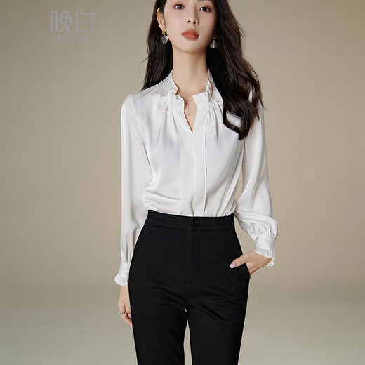 Late White New Product 2025 Autumn Solid Color Temperament Top Slim, Comfortable and Versatile Commuting Shirt for Women White XL