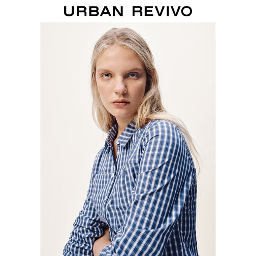 UR2025 Winter New Women's Casual Contrast Color Plaid Lapel Cardigan Shirt UYY250108 Blue Plaid S