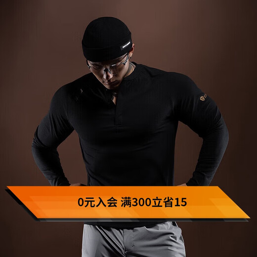Monster Guardians Men's Long Sleeve Fitness Clothing Gold Stamping Logo Slim Fit Henley Moisture-wicking Sports Training Clothing Black M