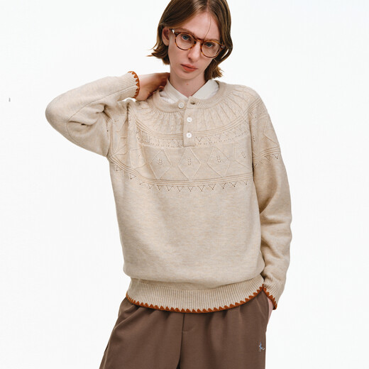 PCLP Henry collar contrast edge sweater autumn and winter new national trend Fair Isle loose versatile fashionable sweater off-white L