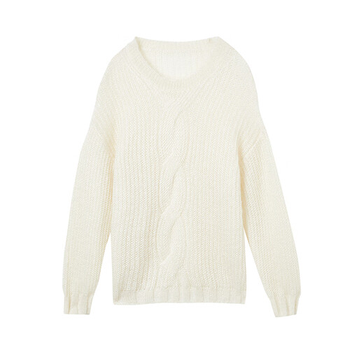 LANCY mohair silk 25 winter new style relaxed cable knit sweater women's round neck off-shoulder sweater off-white M