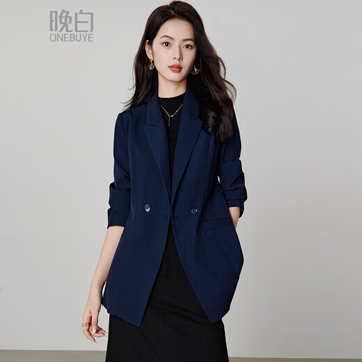 Late white off-size clearance 2026 spring double-breasted lapel top temperament fashion versatile commuter suit jacket for women dark blue S