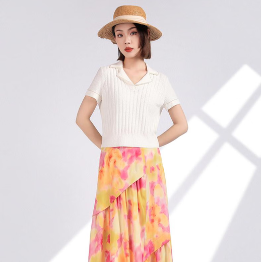 GIRDEAR's new autumn style casual, stylish, versatile and breathable V-neck short-sleeved sweater for women 1399554 white S (size 2)