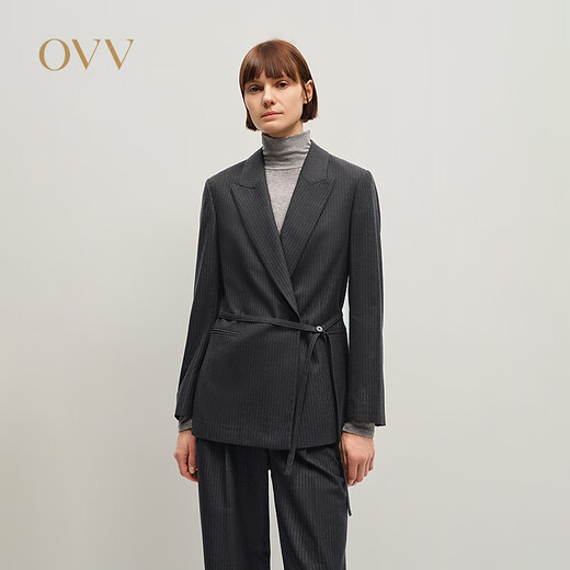 OVV2025 new autumn and winter women's classic micro waist with belt wool casual suit, space gray XS
