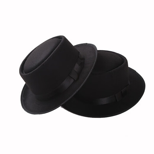 Woodpecker retro British Korean version autumn and winter bowler hat woolen flat top men's and women's British jazz hat casual hat black M (56-58cm)