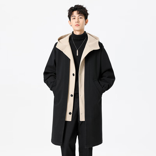Mu Fanmian spring new fake two-piece woolen coat men's long hooded knee-length large size loose fat spring and autumn windbreaker jacket black thickened L suitable for 125 to 150 Jin Jin equals 0.5 kg