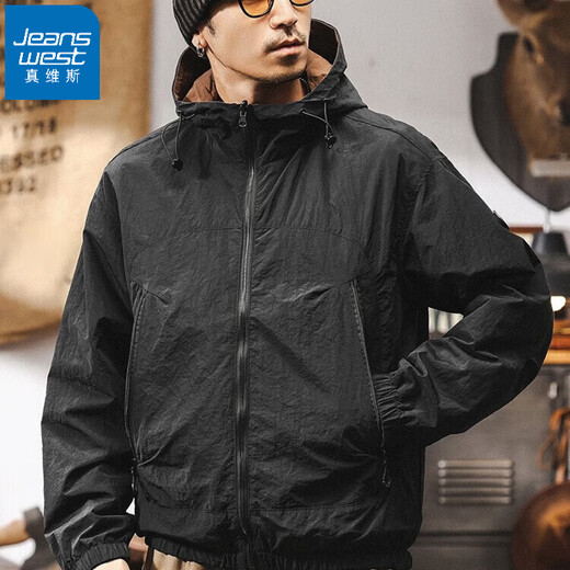 Jeanswest American retro double-sided outdoor water-repellent autumn jacket for men 2025 new loose functional wind three-proof jacket for men obsidian black reversible 2XL suitable for 160-180Jin Jin equals 0.5 kg