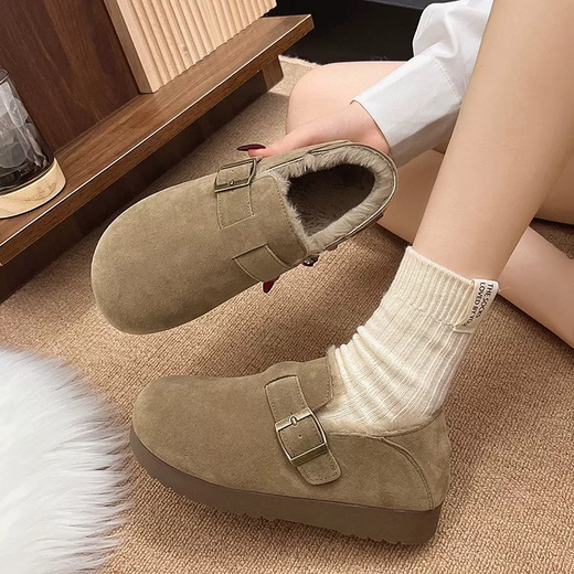Woodpecker Retro Velvet Birkenstock Shoes for Women 2025 Winter New Slip-on Snow Boots Thickened Warm Soft Sole Anti-Slip Cotton Shoes Khaki 38 (240mm) If your feet are wide and fat, it is recommended to take a larger size