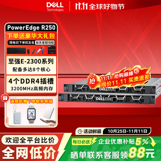 戴尔（DELL）R250 1U机架式服务器ERP文件共享用友托管电脑整机 至强E-2314四核心32G丨2块2T SATA