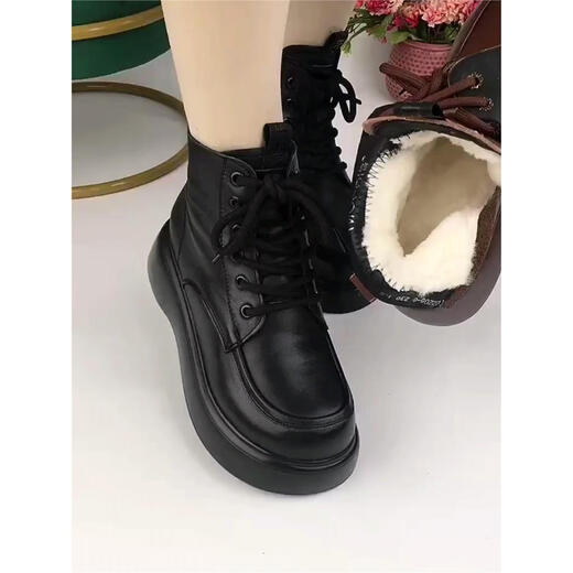 Pull back genuine leather snow boots for women 2025 winter new style plus velvet thickened cotton shoes, fur integrated thick sole versatile sports cotton shoes black white wool large cotton plus velvet 38