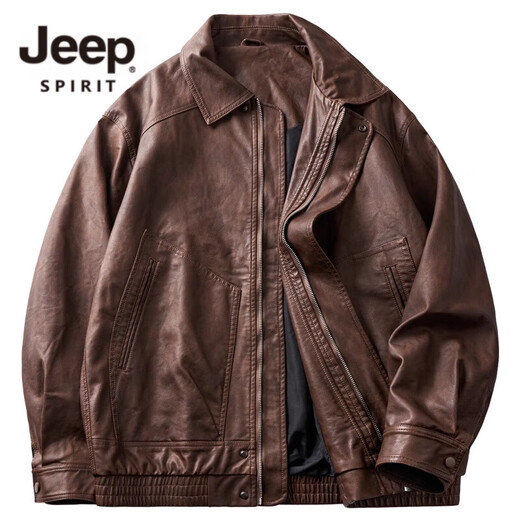 JEEP SPIRIT Jeep high-definition saddle vegetable tanned oil leather motorcycle lapel leather jacket for men 2025 autumn loose leather jacket for men, coffee color, handsome loose version