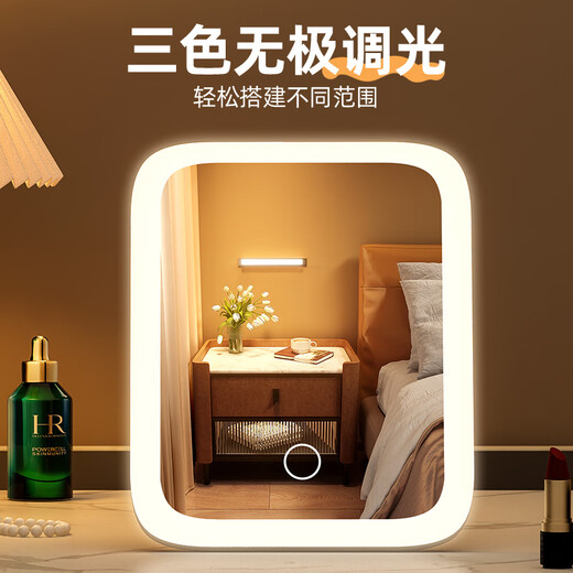 Fat Donglai's same style LED makeup mirror with light, desktop female fill-in light small mirror, dormitory desktop, portable, small home dressing mirror, monochromatic light, square mirror powder + 5x mirror (can rotate 360 degrees)