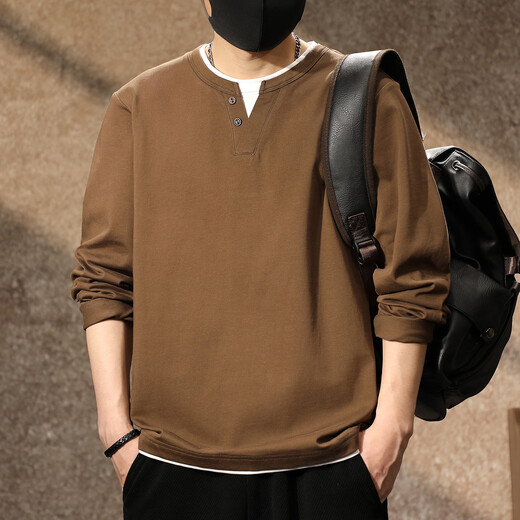 Famous American retro pure cotton Henry shirt long-sleeved T-shirt men's V-neck autumn new black fake two-piece Henry collar bottoming shirt Brown M Weight 100-130Jin Jin is equal to 0.5 kg
