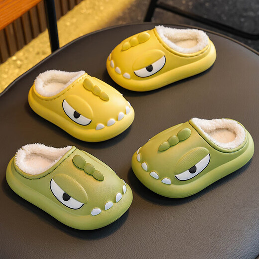 Winter children's cotton slippers for boys and girls EVA waterproof plus velvet to keep warm parent-child baby shoes with heel for home, dark green (heel) 12 190 size (shoe inner length 18CM, suitable for feet 17