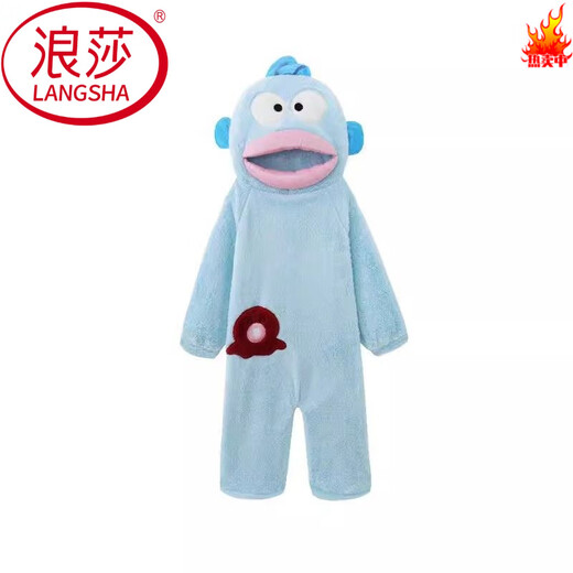 LangSha Ugly Fish children's flannel cute one-piece pajamas autumn and winter thickened warm coral velvet parent-child home clothes plus velvet 622 Ugly Fish one-piece + shoes M 16 size recommended weight 55-68 Jin Jin equals 0.5 kg
