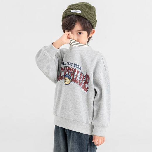 Duojia Bear Print Fake Two-piece Boys' Sweaters Winter Warm and Velvet Bottoming Children's Casual Sports Tops Trendy