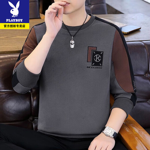 Playboy Spring and Autumn Men's Sweatshirt 2026 New Round Neck Hoodless Embroidered Long Sleeve T-shirt Men's Trendy and Handsome Bottoming Top Spring and Autumn Style-8822 Black High Quality XL Recommended 130-150Jin Jin is equal to 0.5 kg