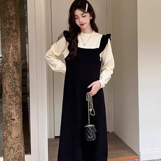 Maternity dress spring and autumn French Hepburn style large size loose fake two-piece knitted skirt autumn and winter high-end black fake two-piece set L