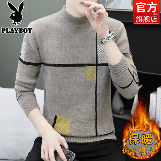 Playboy (PLAYBOY) 2025 Pullover Herren Herbst und Winter Nachahmung Nerz Samt Plus Samt Verdickter Halber Schildkrötenkragen Gestricktes Hemd mit Unterteil für Herren YHL-9208 Khaki XL