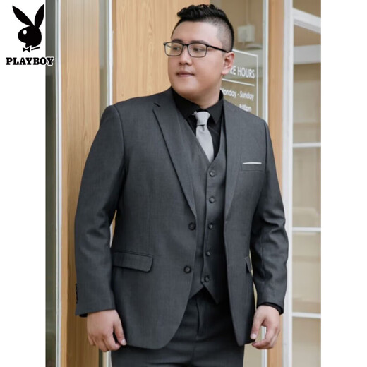 Playboy Fat Man Suit Men's Casual Jacket Plus Size Fat Man Suit Professional Work Business Formal Wear Wedding Dark Gray Top + Pants + Vest + Shirt XL 150-170Jin Jin equals 0.5 kg