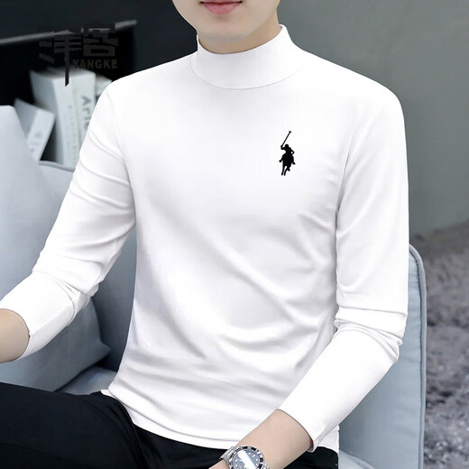 Foreigners' new autumn and winter half turtleneck long-sleeved T-shirt men's thin slim fit top with velvet bottoming shirt mid-collar autumn coat white half turtleneck L recommendation (115-130Jin Jin equals 0.5kg)