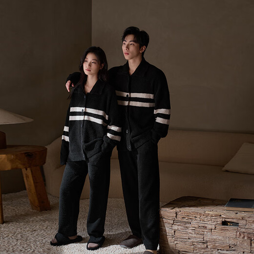 Sha Qian 2025 New Couple Pajamas Autumn and Winter Thickened Half Velvet Women's Home Clothes Cardigan Striped Outer Suit L857014-L957014 Black L Male (Height 171-180, Weight 131-160)