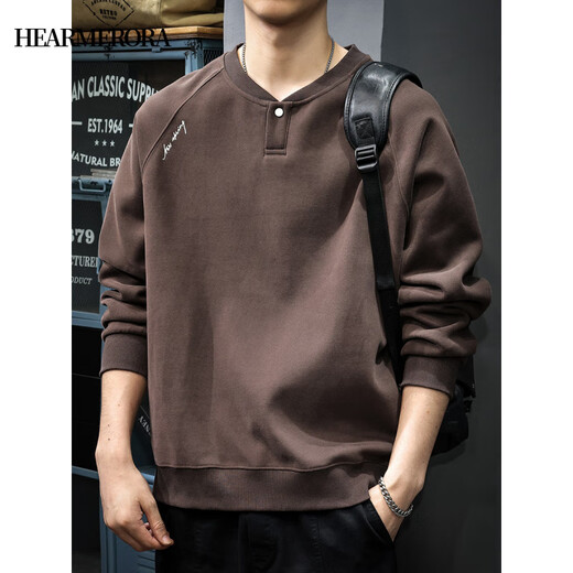 HEARMERORA2025 Spring New Henry Neck Sweatshirt Men's Fashion Brand Embroidery Splicing Heavy Weight Loose Pullover Casual Dark Gray M _Suitable Weight 90-130Jin Jin is equal to 0.5 kg