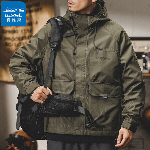 Jeanswest American retro workwear jacket for men spring and autumn 2025 new loose trendy urban outdoor functional jacket for men military green 2XL suitable for 150-170Jin Jin equals 0.5 kg