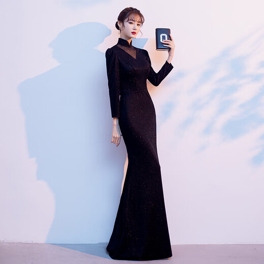 Wutuo black dress long skirt high-end cheongsam evening girl 2025 new temperament fishtail long version light luxury banquet host black S