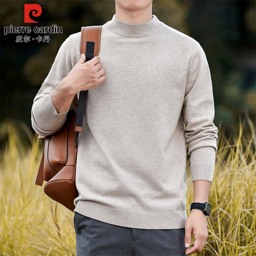 Pierre Cardin half turtleneck sweater for men autumn and winter warm inner sweater men's solid color casual top khaki 2XL