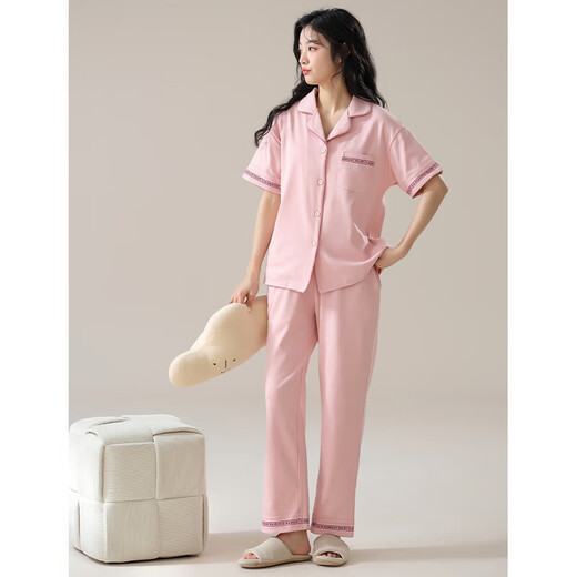 2025 New Pajamas Women Summer Short Sleeve Cotton Suit Cardigan Cute Summer Pants Cartoon Casual Season Home Clothes 9737 Pink XL 120-140Jin Jin is equal to 0.5 kg