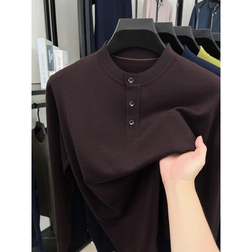 ROMON high-end men's Henry collar button-down sweater with wool long-sleeved bottoming shirt solid color versatile sweater spring and autumn Pearl Apricot M