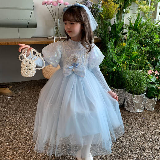 Annie Youer Girls Elsa Princess Dress Autumn Sweater Skirt Children's Dress Autumn and Winter Frozen Girl Elsa Dress Blue Velvet 110